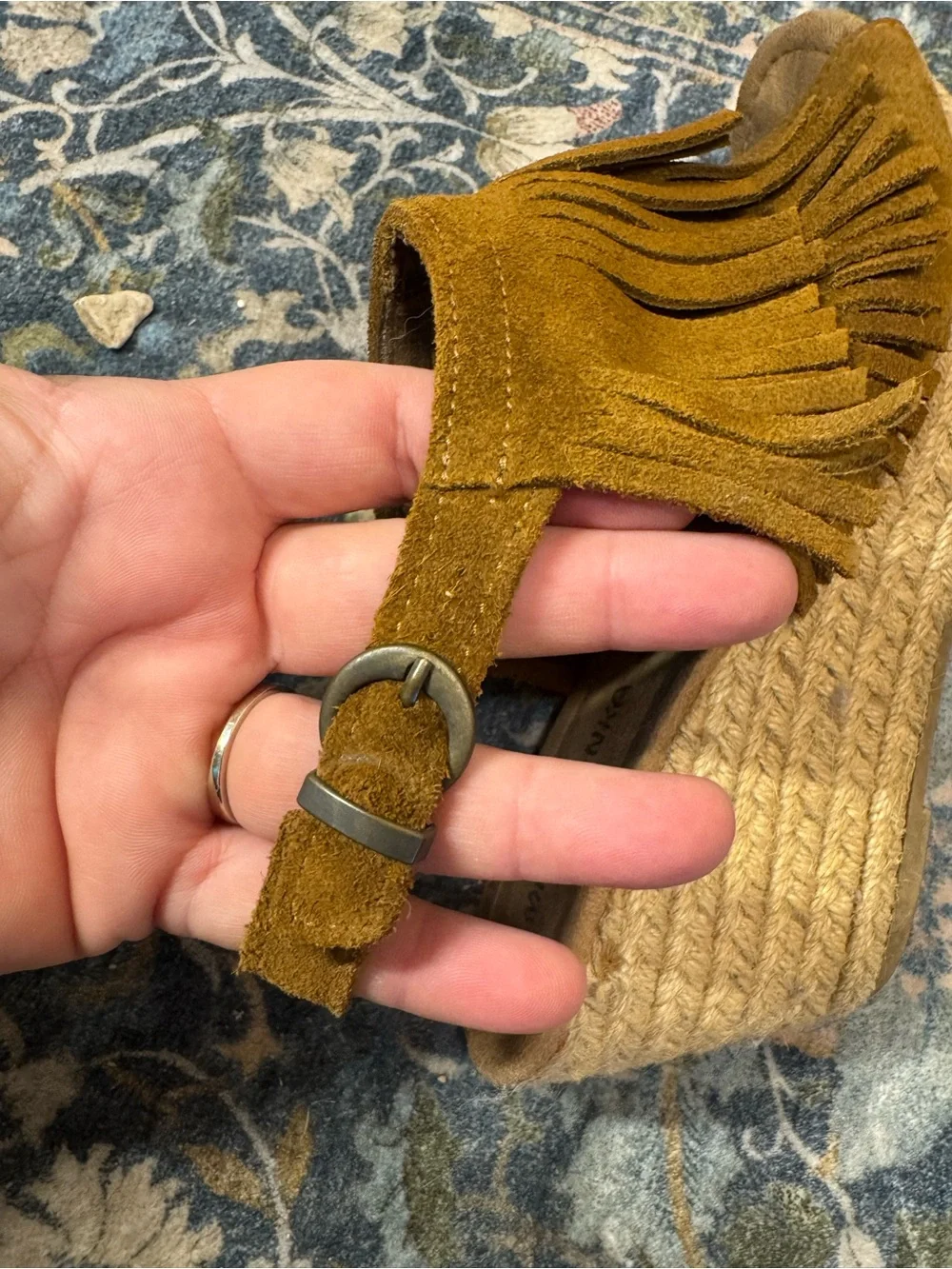 Minnetonka Suede Fringe Espadrille Wedges in Tan Brown